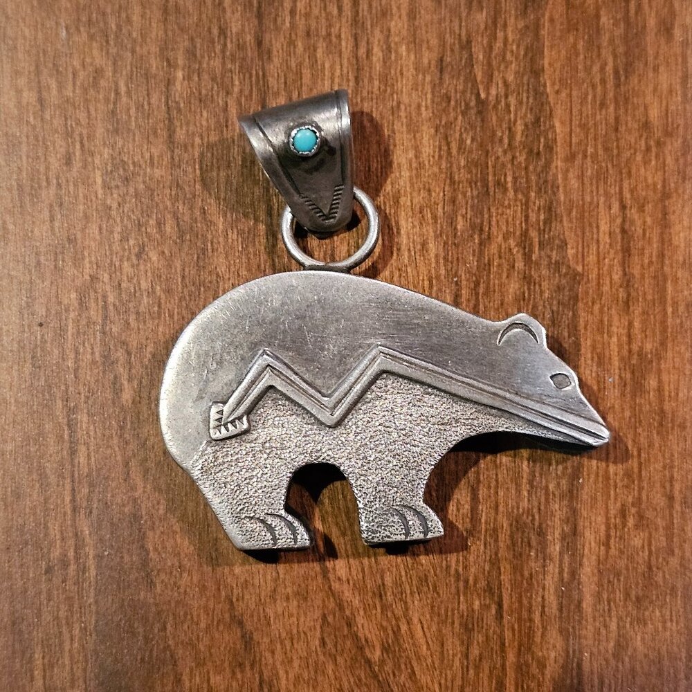 Vintage Navajo Sterling Silver and Turquoise Bear Pendant, G Perry